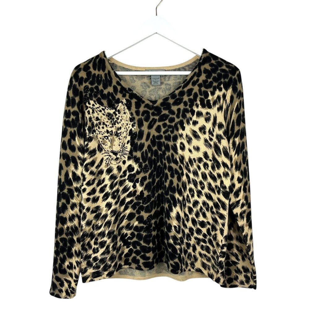 Designers Originals Sweater Women Large Animal Print Cheetah Long Sleeve Cropped